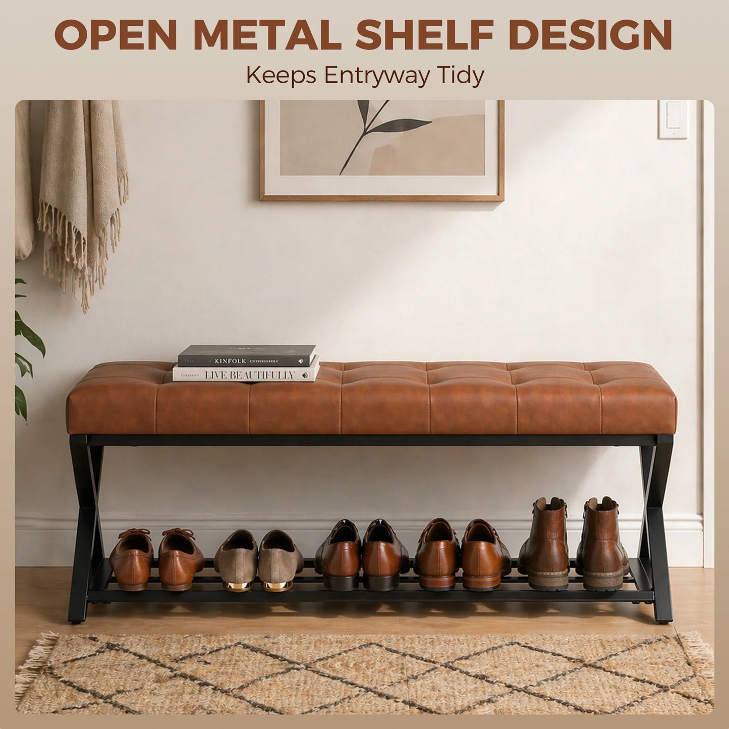 HOMCOM Schuhbank mit gepolstertem Sitz, Schuhregal, Industrial X-Rahmen aus Stahl, PU-Leder, belastbar bis 220 kg, 112 x 37 x 47 cm, Braun