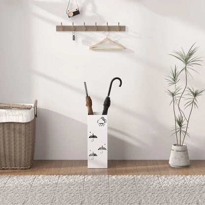 HOMCOM Regenschirmständer aus Stahl mit 4 Haken und abnehmbarem Tropfbehälter – Weißer Regenschirmhalter für Flur und Büro 15,5x15,5x41 cm