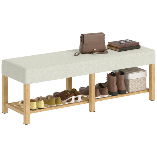 HOMCOM Schuhbank — Moderner Flurbank mit gepolstertem Sitz für 2, offene Schuhablage, Gummibaumholz, für Flur, Diele, Wohnzimmer, 140 x 44 x 48 cm, Creme & Naturholz