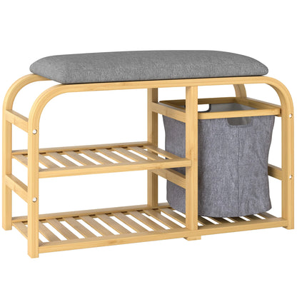HOMCOM Schuhbank aus Bambus mit gepolsterter Sitzfläche, 2 Lattenregalen und schiebendem Stoffkorb, Flurbank für Flur, Schlafzimmer, 70x30x45cm, Naturholz