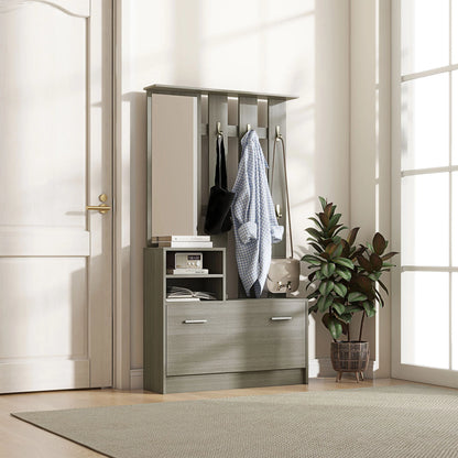 HOMCOM 4-in-1 Flurmöbel Set mit Garderobe, Spiegel, Sitzbank mit Regal und Schuhregal für 8 Paar Schuhe, Grau