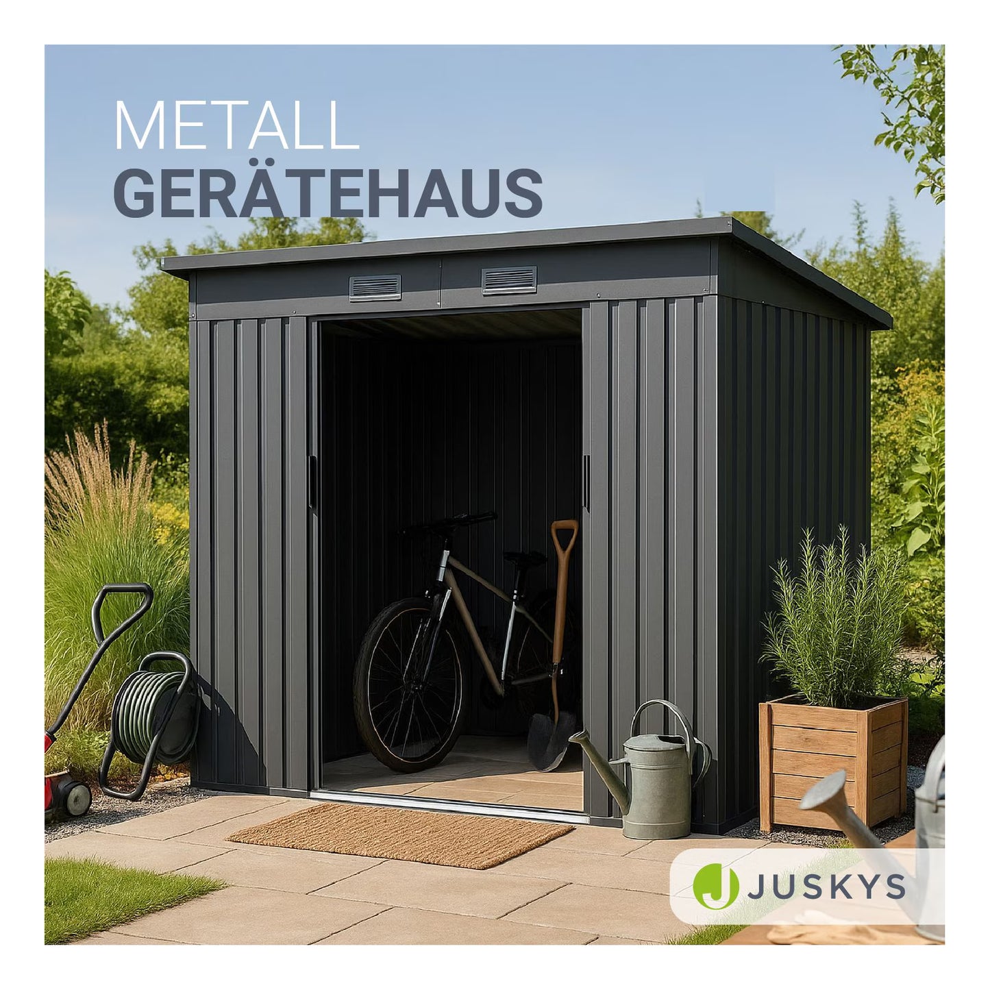 Juskys Metall Geräteschuppen  – Dunkelgrau, wetterfest mit Fundamentrahmen, Schiebetür & abschließbar - für Garten & Aufbewahrung