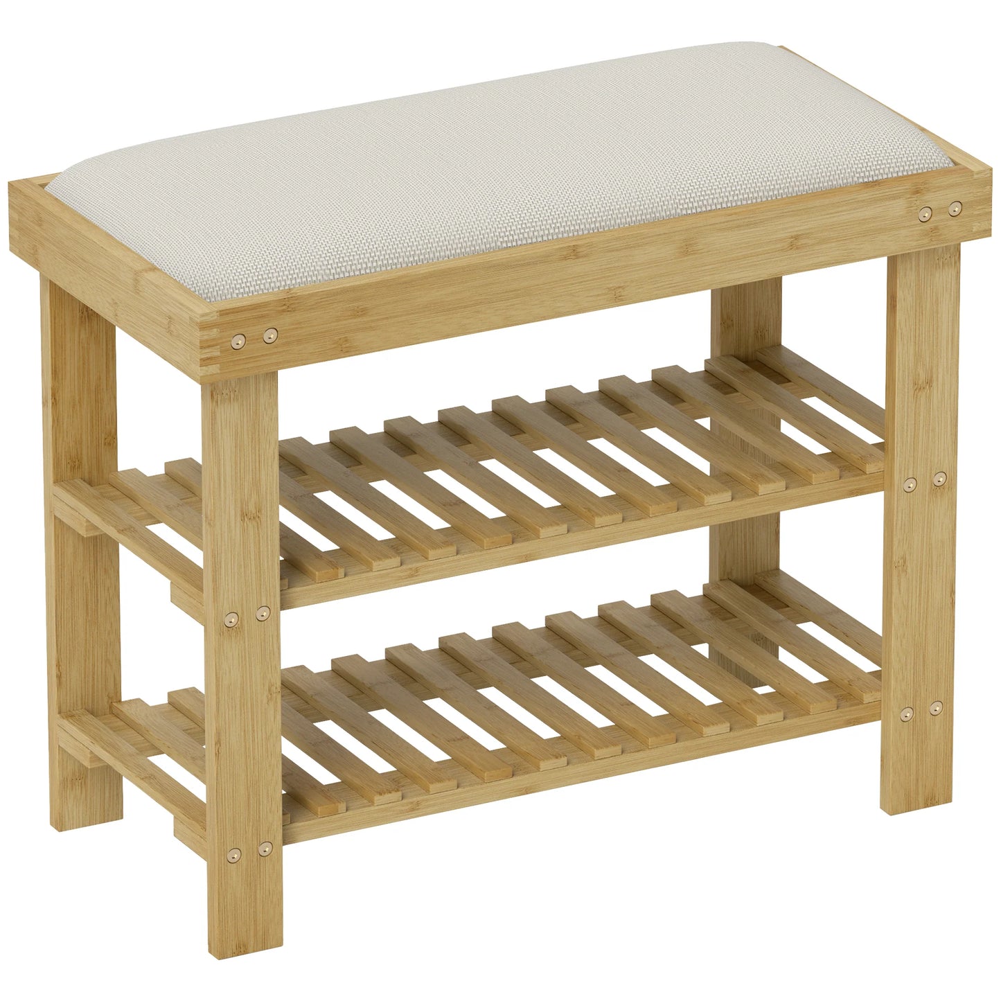 HOMCOM Schuhbank mit Sitzfläche, Bambus Sitzbank mit Stauraum, Schuhregal mit 2 offene Fächer, Sitzbank, Bank, Garderobenbank für Wohnzimmer, Flur, 60 x 29 x 49 cm Cremeweiß